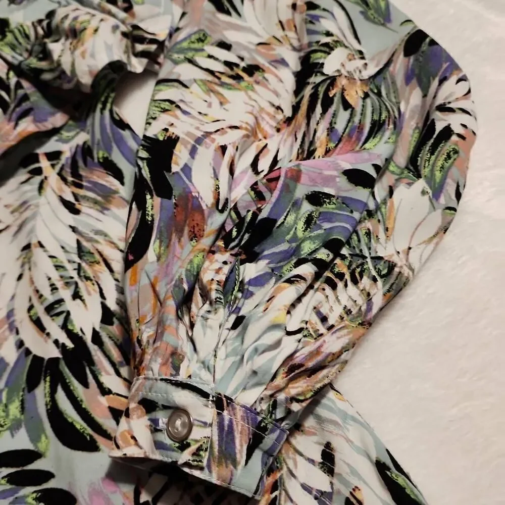 Aimae Tropical Print Ruffled Yoke Button Front Western Flair Long Sleeve Size Me